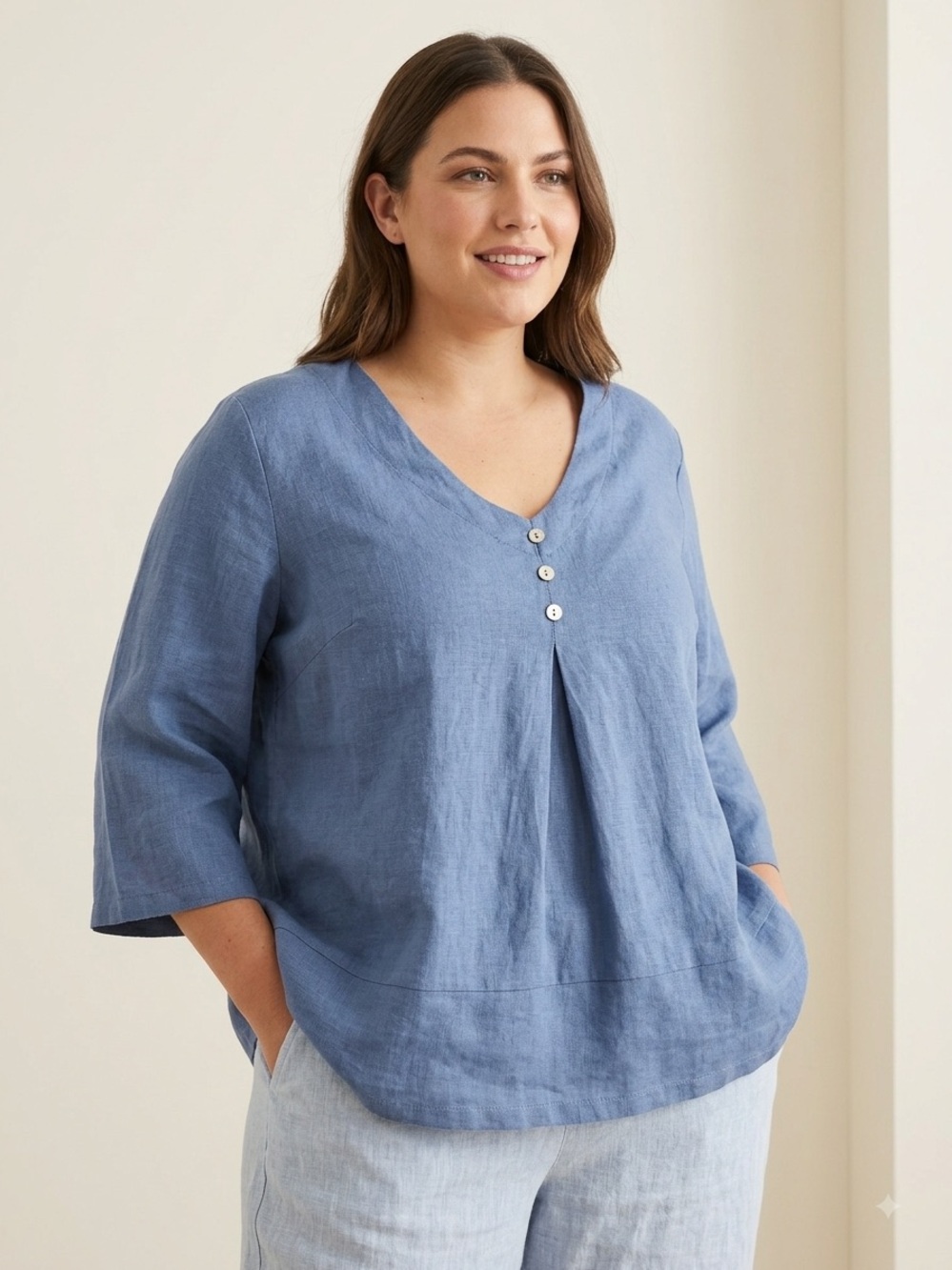 Kaktus 100% Linen Blouse in Chambray Blue, NWT, size XL, MSRP $59.95 USD/$84 CAD